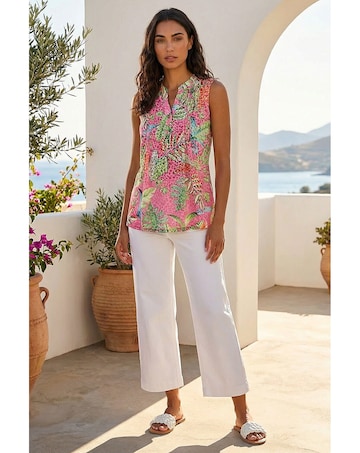 Roman Tropical Leaf Print Pintuck Top