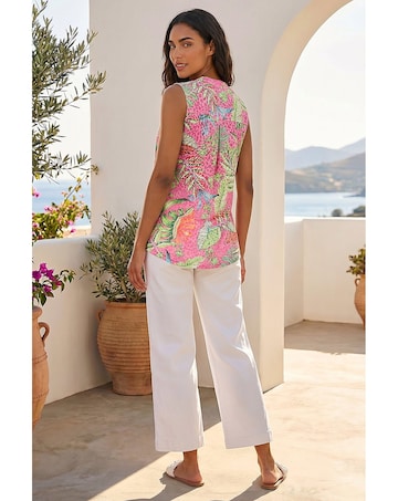 Roman Tropical Leaf Print Pintuck Top