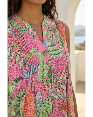 Roman Tropical Leaf Print Pintuck Top