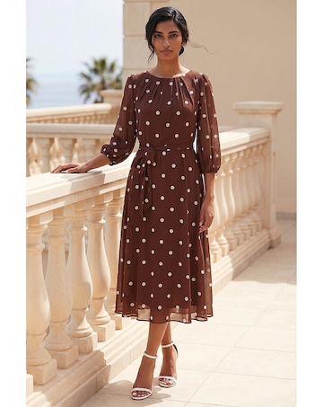 Roman Polka Chiffon Pleated Midi Dress