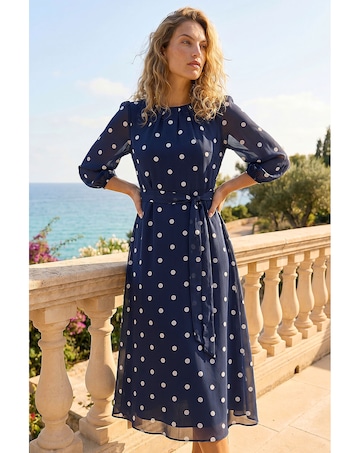 Roman Polka Chiffon Pleated Midi Dress