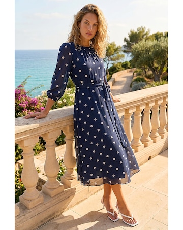 Roman Polka Chiffon Pleated Midi Dress