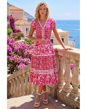 Roman Floral Print Ric Rac Midi Dress