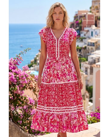 Roman Floral Print Ric Rac Midi Dress