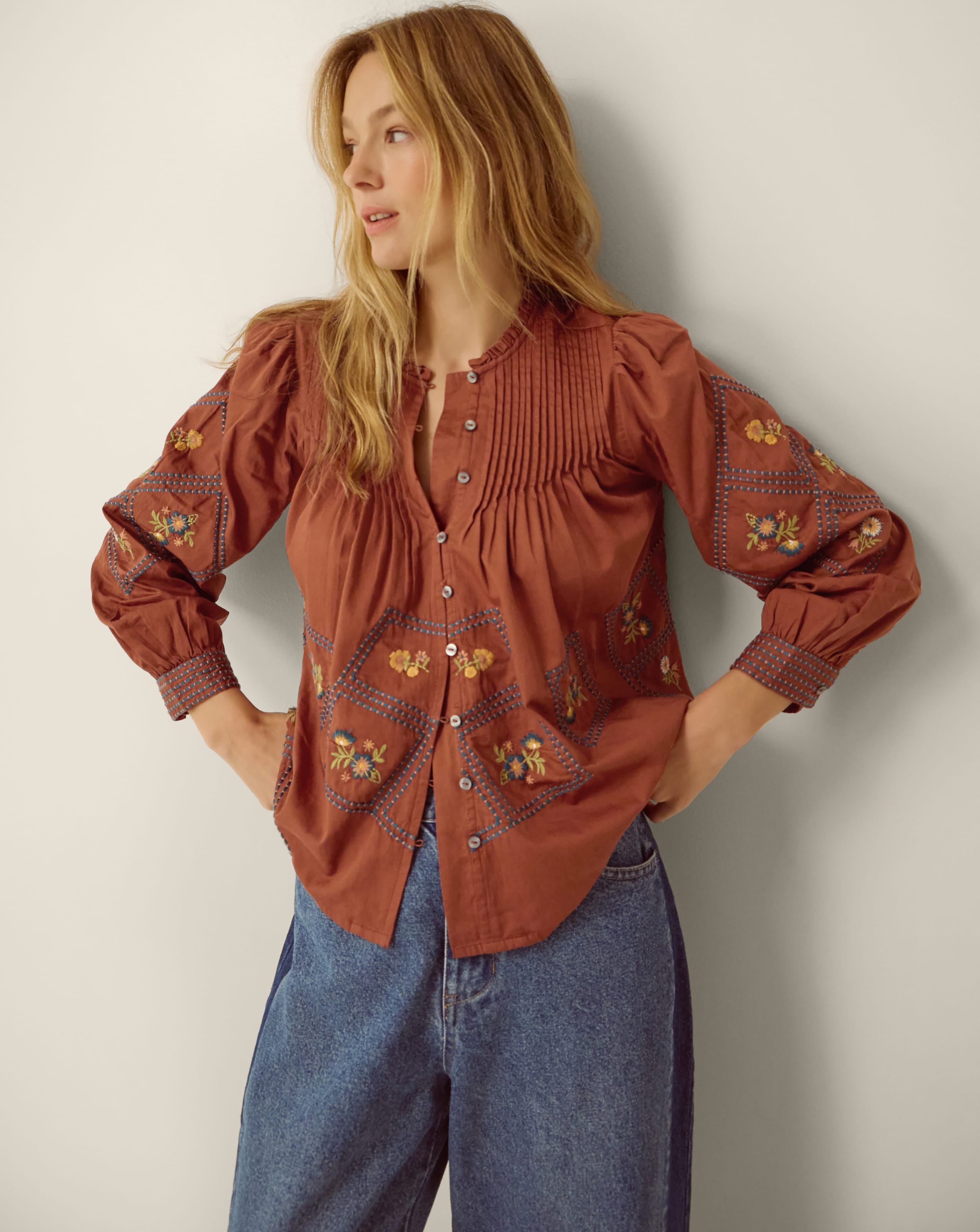Monsoon Sadie Embroidered Pintuck Blouse