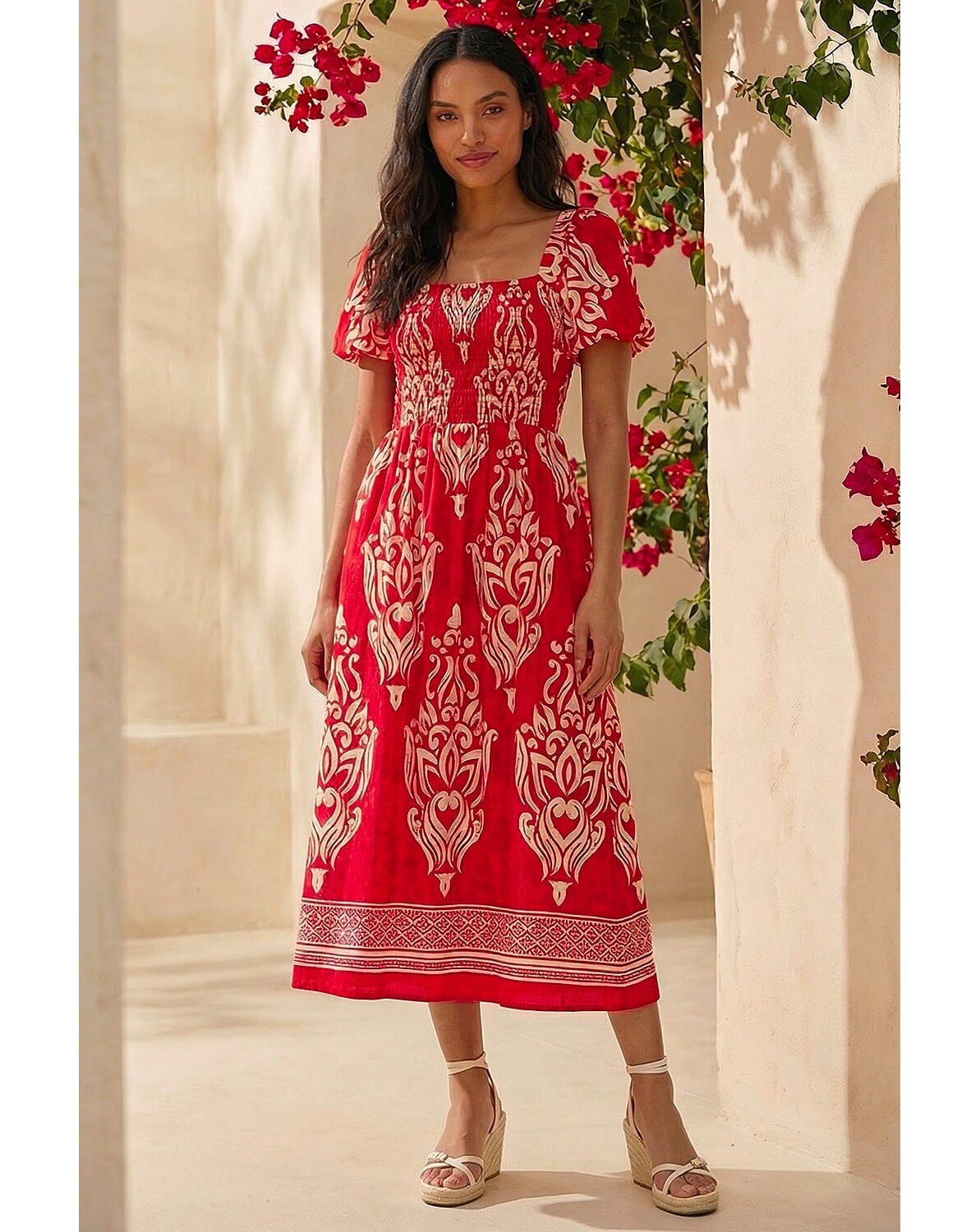 Roman Abstract Print Shirred Midi Dress