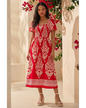 Roman Abstract Print Shirred Midi Dress