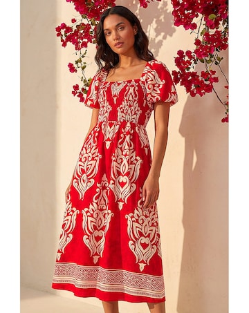 Roman Abstract Print Shirred Midi Dress