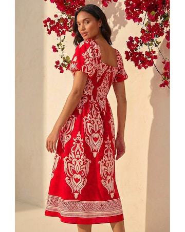 Roman Abstract Print Shirred Midi Dress