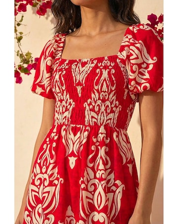 Roman Abstract Print Shirred Midi Dress
