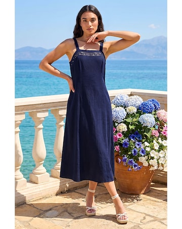 Roman Linen Blend Lace Trim Midi Dress