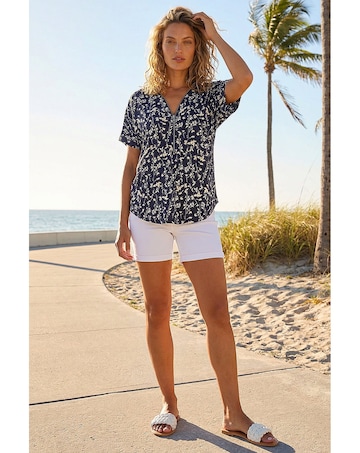 Roman Floral Puff Print Zip Front Top