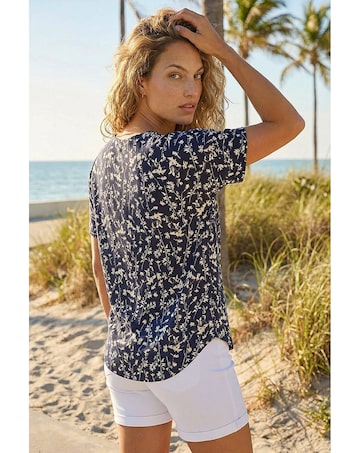 Roman Floral Puff Print Zip Front Top