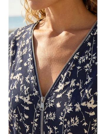 Roman Floral Puff Print Zip Front Top
