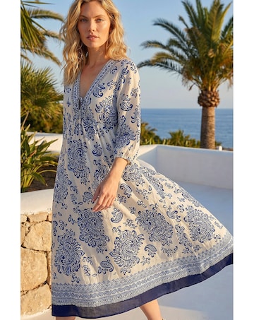 Roman Border Print V-Neck Midi Dress