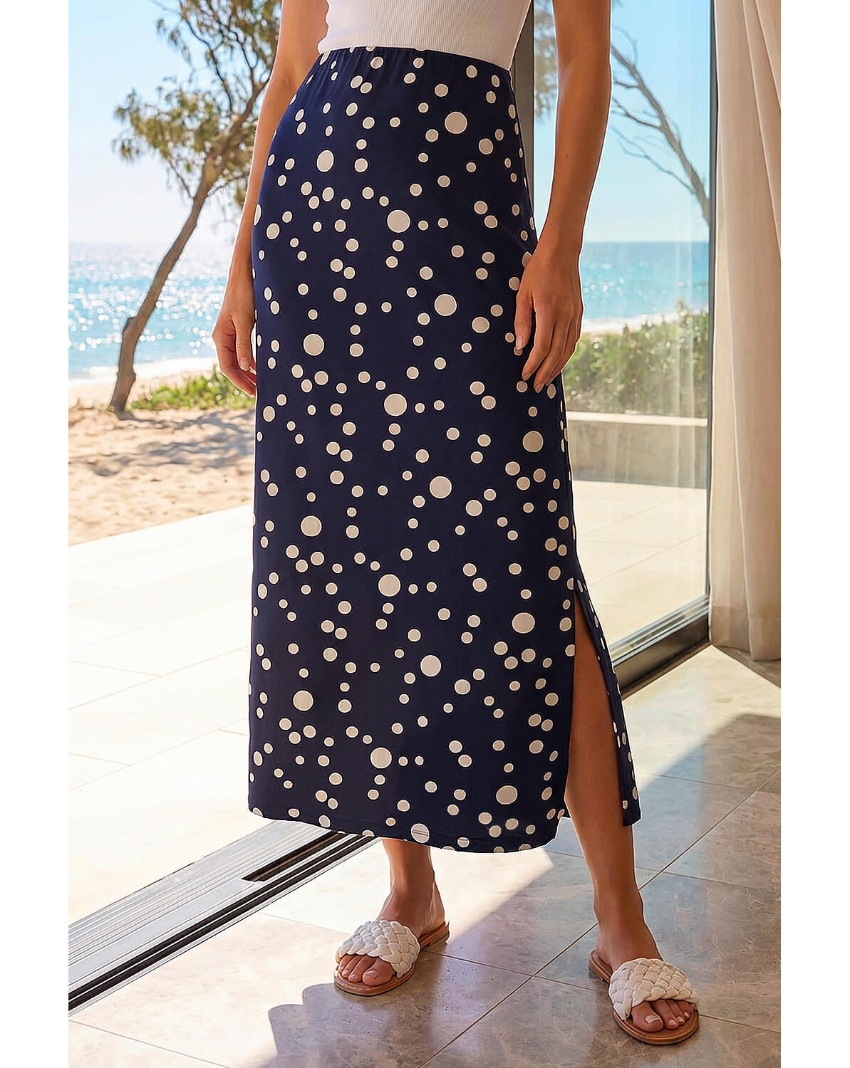 Roman Spot Print Stretch Maxi Skirt