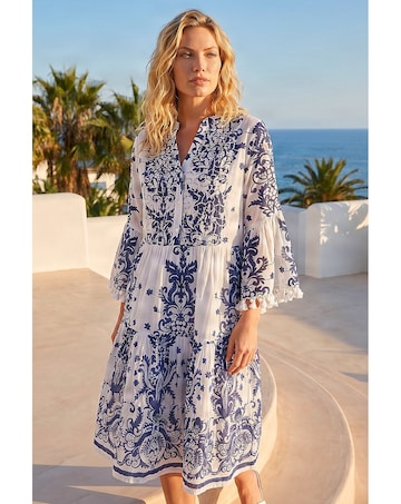 Roman Beaded Tassel Trim Smock Dress