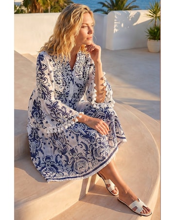 Roman Beaded Tassel Trim Smock Dress