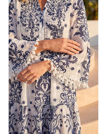 Roman Beaded Tassel Trim Smock Dress