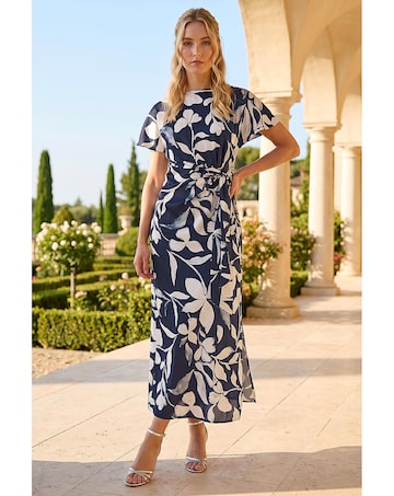 Roman Floral Print Side Tie Crepe Dress