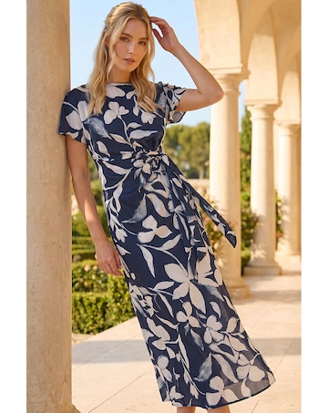 Roman Floral Print Side Tie Crepe Dress