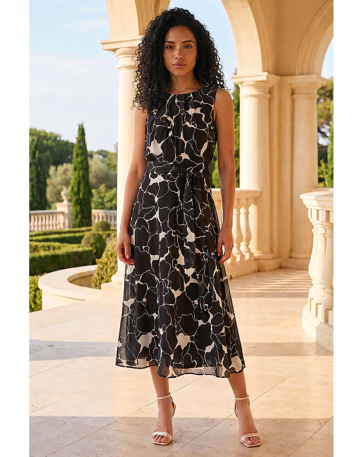 Roman Chiffon Floral Pleat Neck Dress