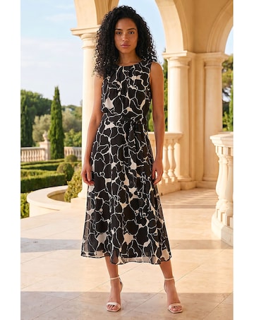 Roman Chiffon Floral Pleat Neck Dress