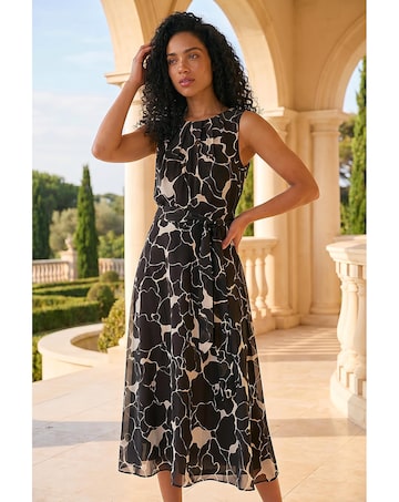 Roman Chiffon Floral Pleat Neck Dress