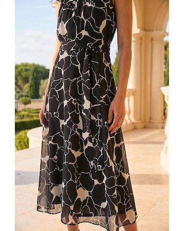 Roman Chiffon Floral Pleat Neck Dress