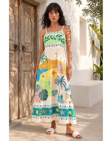 Roman Beach Print Strappy Midi Dress