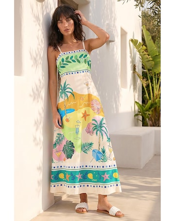 Roman Beach Print Strappy Midi Dress