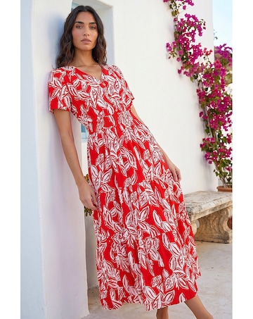 Roman Leaf Print Shirred Maxi Dress