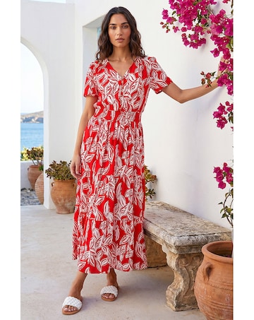 Roman Leaf Print Shirred Maxi Dress