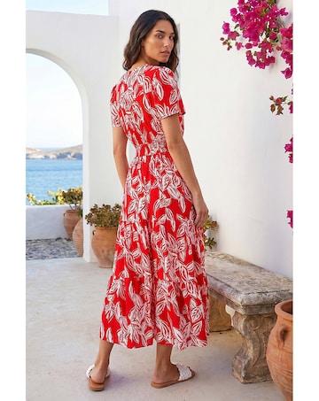 Roman Leaf Print Shirred Maxi Dress