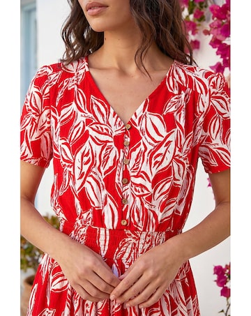 Roman Leaf Print Shirred Maxi Dress