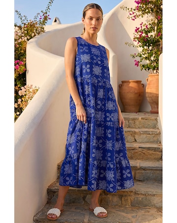 Roman Floral Motif Tiered Midi Dress