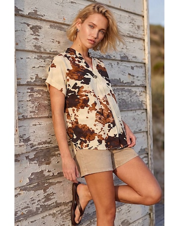 Roman Cow Print Pleat Front Top