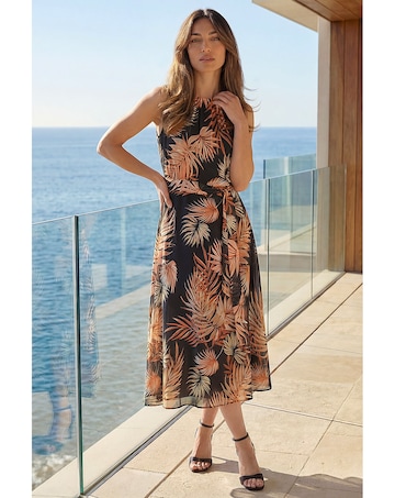 Roman Leaf Chiffon Pleat Neck Midi Dress