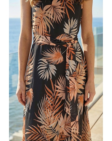 Roman Leaf Chiffon Pleat Neck Midi Dress