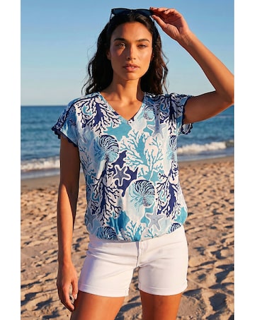 Roman Marine Print Ric Rac Trim Top