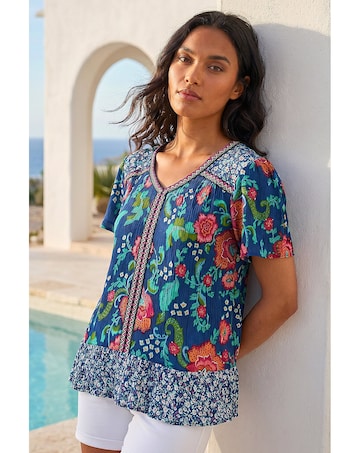 Roman Floral Print Trim Detail Top