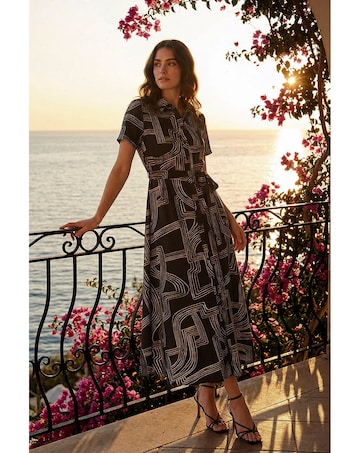Roman Geo Linear Print Shirt Midi Dress