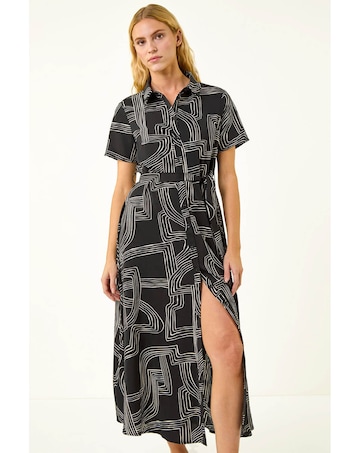 Roman Geo Linear Print Shirt Midi Dress