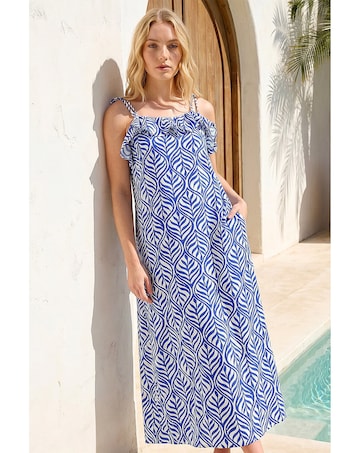 Roman Leaf Print Frill Midi Dress