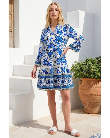 Roman Floral Print Border Tunic Dress