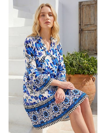 Roman Floral Print Border Tunic Dress