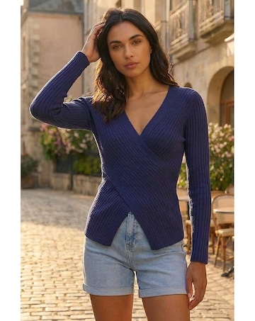 Roman Wrap Front Ribbed Knit Top