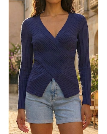 Roman Wrap Front Ribbed Knit Top