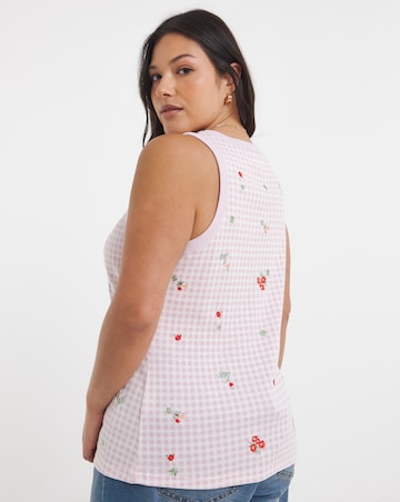 Pink Ditsy High Neck Embroidered Gingham Tank