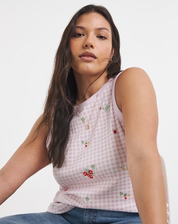 Pink Ditsy High Neck Embroidered Gingham Tank